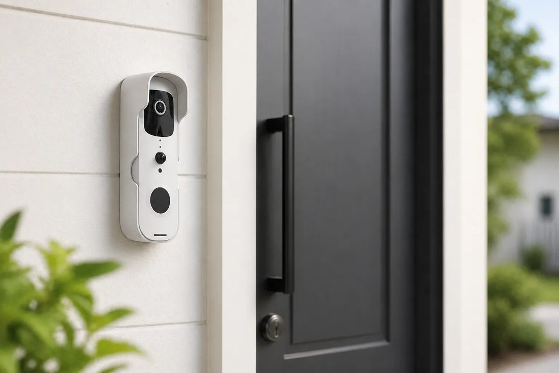 Smart video doorbell mounted next to a modern front door, ready for visitor monitoring