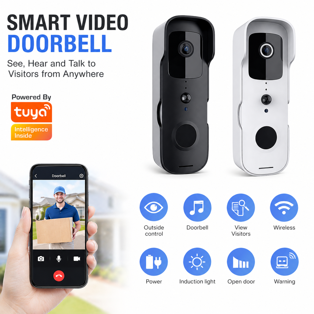 Auravis smart wireless doorbell mounted on front door with 1080p HD camera